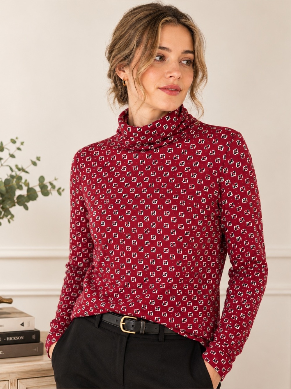 Vintage Cranberry Floral Turtleneck Cottagecore Preppy L